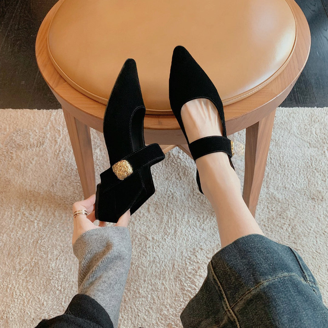 Damen elegante Mary Jane Pumps mit modischem Riemchen und goldener Schnalle EB
