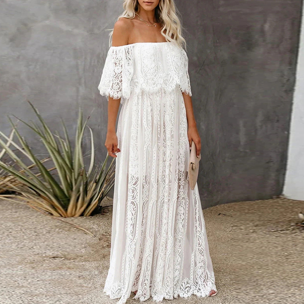 Damen Maxikleid mit eleganter Spitze und schulterfreiem Design EB