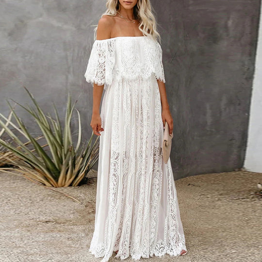 Damen Maxikleid mit eleganter Spitze und schulterfreiem Design EB