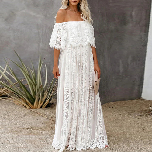 Damen Maxikleid mit eleganter Spitze und schulterfreiem Design EB