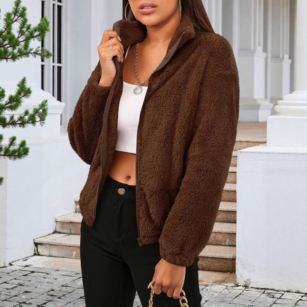 Damen Flauschige Fleecejacke mit hohem Kragen und seitlichen Taschen EB
