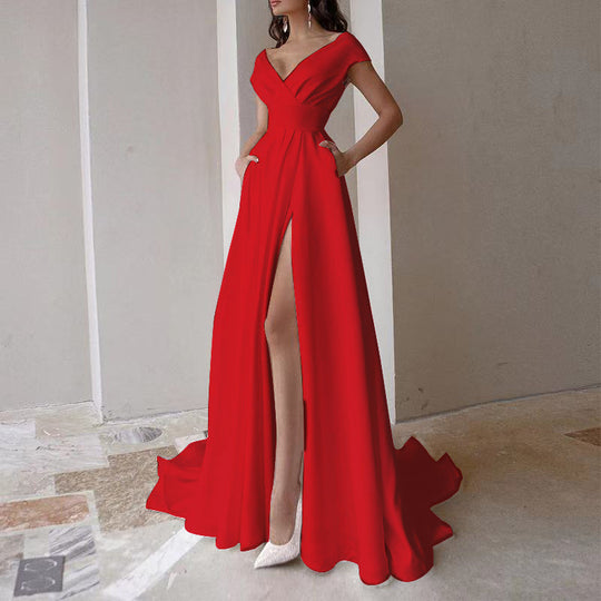Damen elegantes Maxikleid mit tiefem V-Ausschnitt und seitlichem Schlitz EB