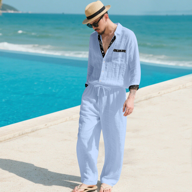 Herren Leinenoptik-Loungewear-Set mit Kordelzughose und offenem Hemdjacke EB