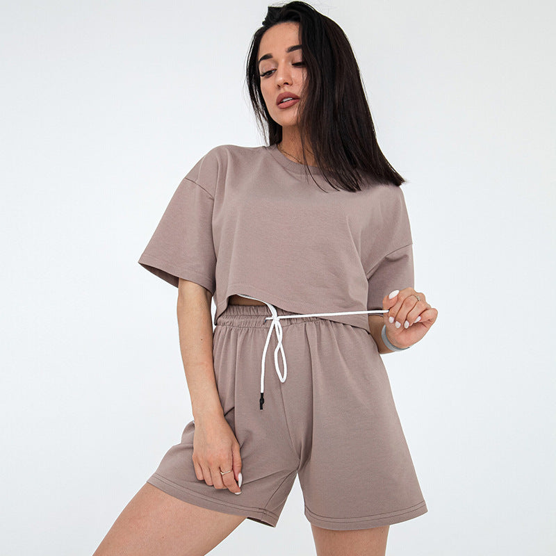 Damen Zweiteiliges Cropped-Lounge-Set aus Baumwolljersey mit elastischer Kordelzug-Shorts EB