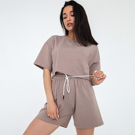 Damen Zweiteiliges Cropped-Lounge-Set aus Baumwolljersey mit elastischer Kordelzug-Shorts EB