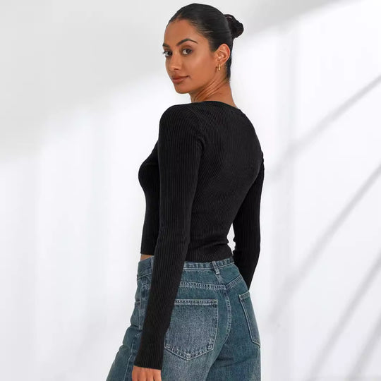Damen figurbetontes Langarmcropped Oberteil aus Rippstrick EB