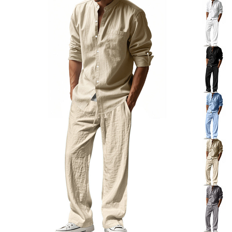 Herren nan legeres Leinen-Relax-Set mit Stehkragen-Hemd und weitem Kordelbund-Hose EB