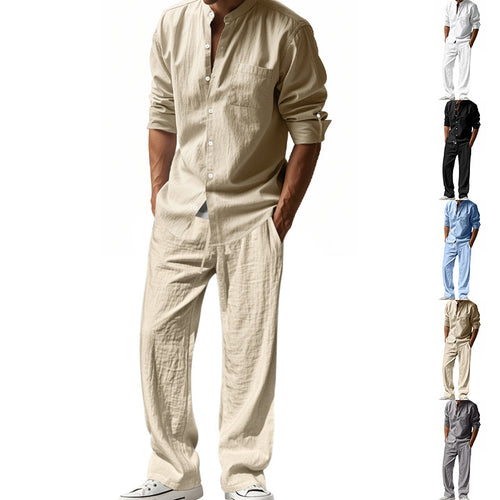 Herren nan legeres Leinen-Relax-Set mit Stehkragen-Hemd und weitem Kordelbund-Hose EB