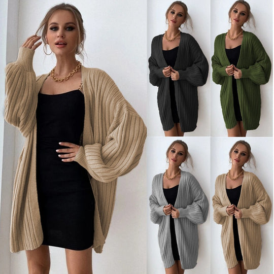 Damen grob gestrickter Cardigan mit voluminösen Ärmeln und offener Front EB