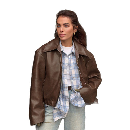 Damen Kunstlederjacke mit Oversized-Schnitt und klassischem Kragen EB