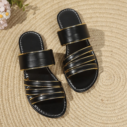 Damen Slide-Sandalen mit doppeltem Riemendesign und goldenen Akzenten EB