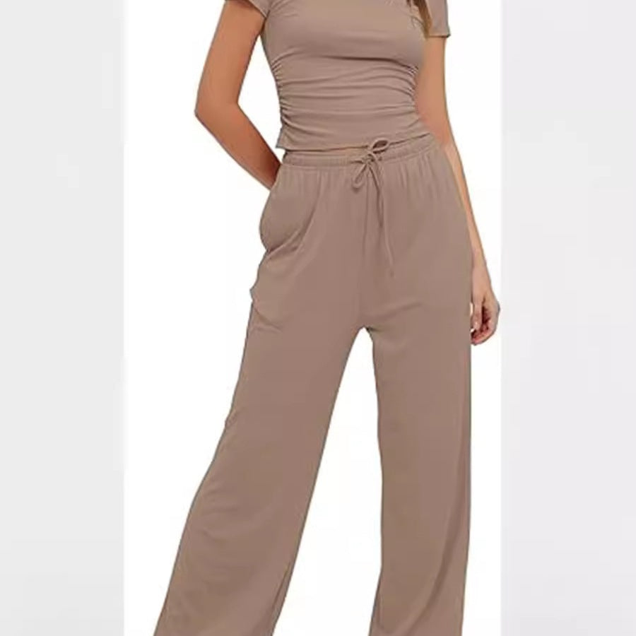 Damen lässiger Zweiteiler mit cropped Oberteil und weitem Beinkleid EB