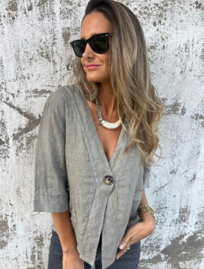 Damen Leichtes Leinenblazer mit kurzer Arm EB