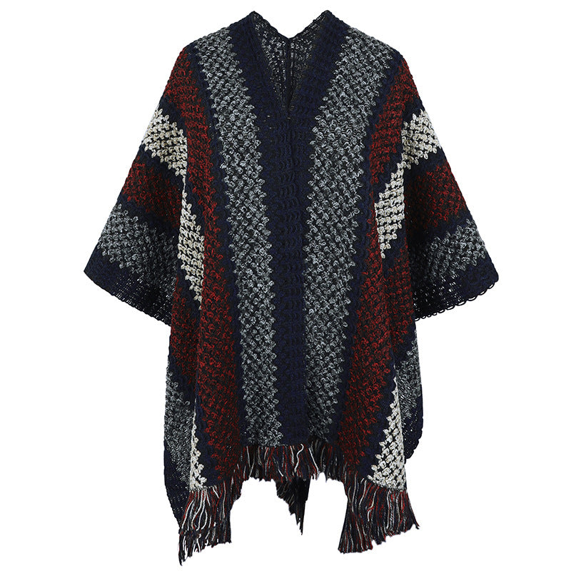 Damen Strickponcho mit V-Ausschnitt und Fransen EB