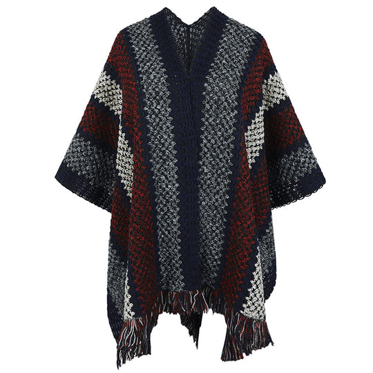 Damen Strickponcho mit V-Ausschnitt und Fransen EB