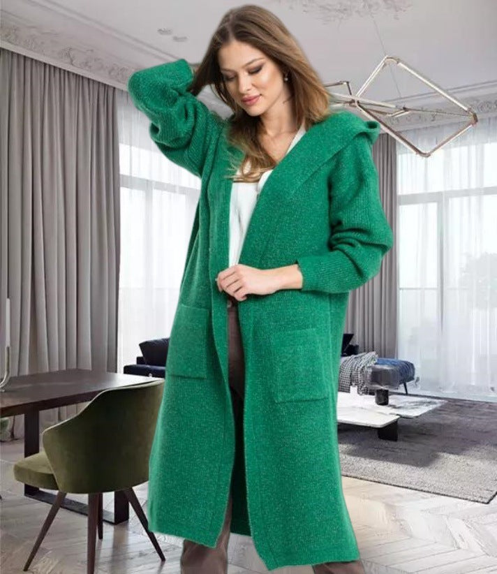 Damen Strickmantel mit Kapuze und großen Taschen EB