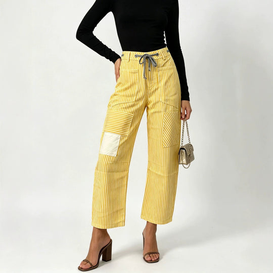 Damen nan High‑Waist Relaxed‑Hose mit vertikalem Streifenmuster, aufgesetzten Knie‑Patches und Kordelzug EB