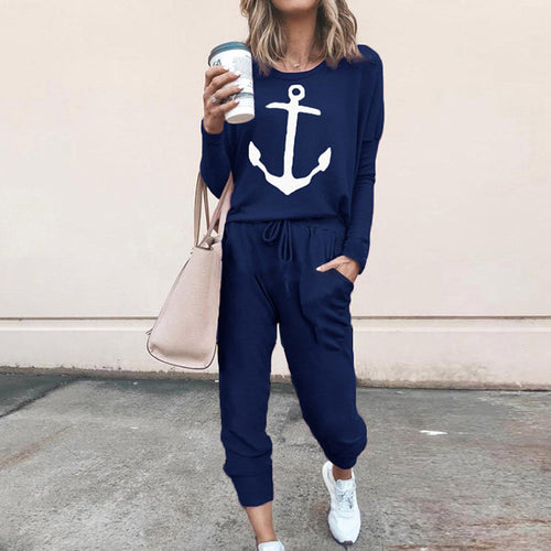 Damen lässiger Jumpsuit mit maritimem Anker-Print und praktischen Taschen EB