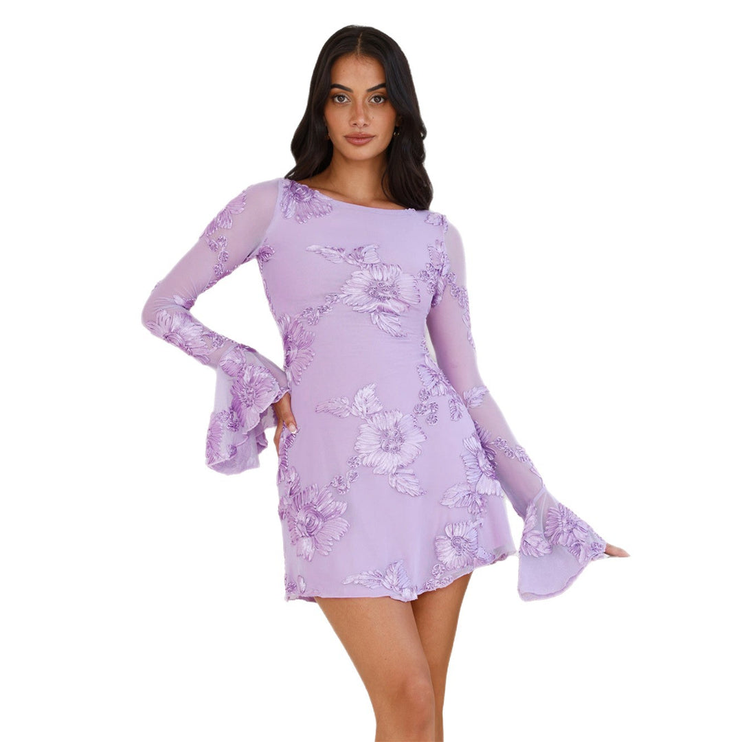 Damen Elegantes Minikleid mit floralen Spitzen-Details und weitem Ärmel EB