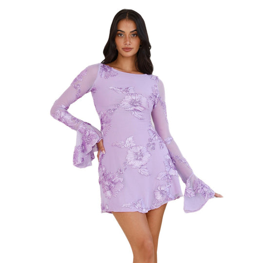 Damen Elegantes Minikleid mit floralen Spitzen-Details und weitem Ärmel EB