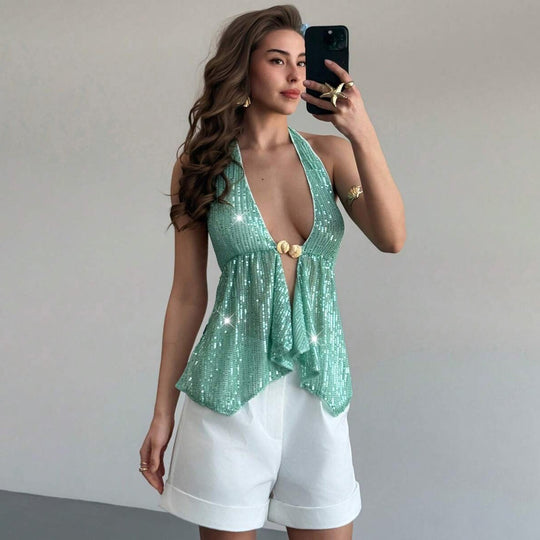 Damen funkelndes Strandtop mit tiefem V-Ausschnitt EB