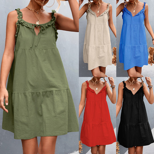 Damen lässiges Sommerkleid mit Rüschendetails und verstellbarem Taillenzug EB