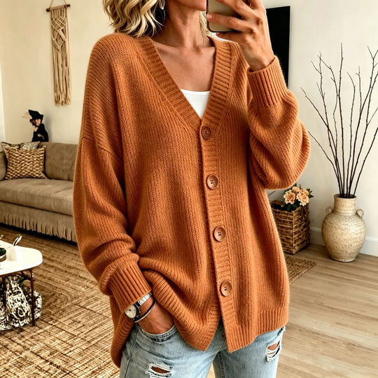 Damen Lockerer Longline-Cardigan mit tiefem V-Ausschnitt und Holzknöpfen EB