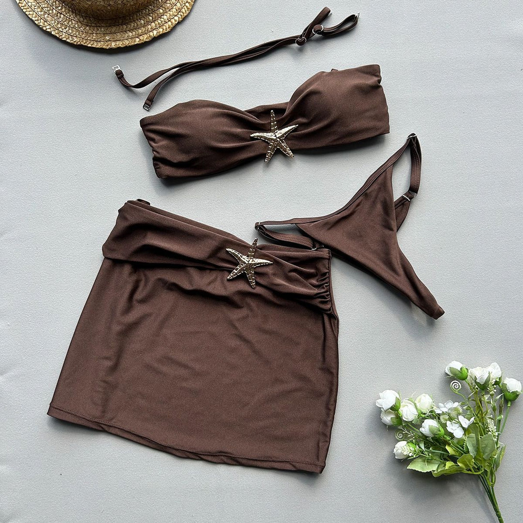 Damen Bandeau-Bikini-Set mit schicker Rüschenverzierung und modischem Rock EB