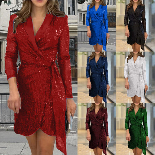 Damen Glamouröses Pailletten Minikleid mit Wickeldesign EB