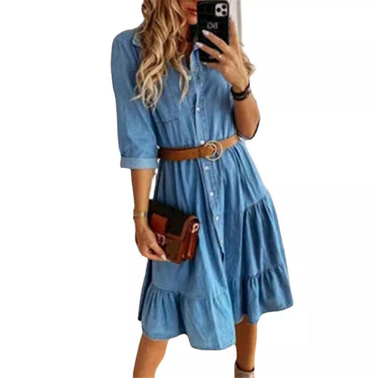 Damen nan Stufen-Hemdblusenkleid mit Taillenbetonung, durchgehender Knopfleiste und Brusttasche EB