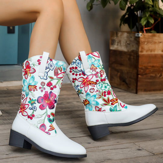 Damen Cowboy-Stiefel mit floralem Stickmotiv und komfortablem Blockabsatz EB
