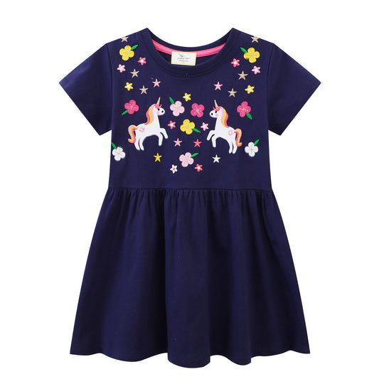 Mädchen Baumwollkleid mit zauberhaften Einhorn- und Blumendesigns EB