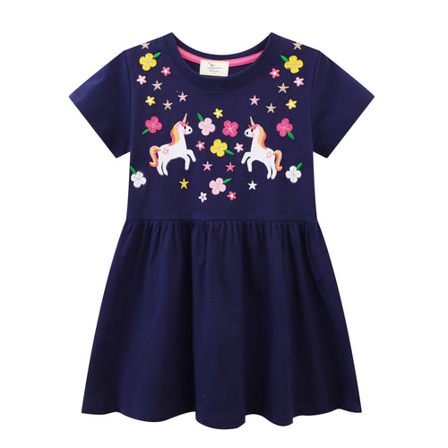 Mädchen Baumwollkleid mit zauberhaften Einhorn- und Blumendesigns EB