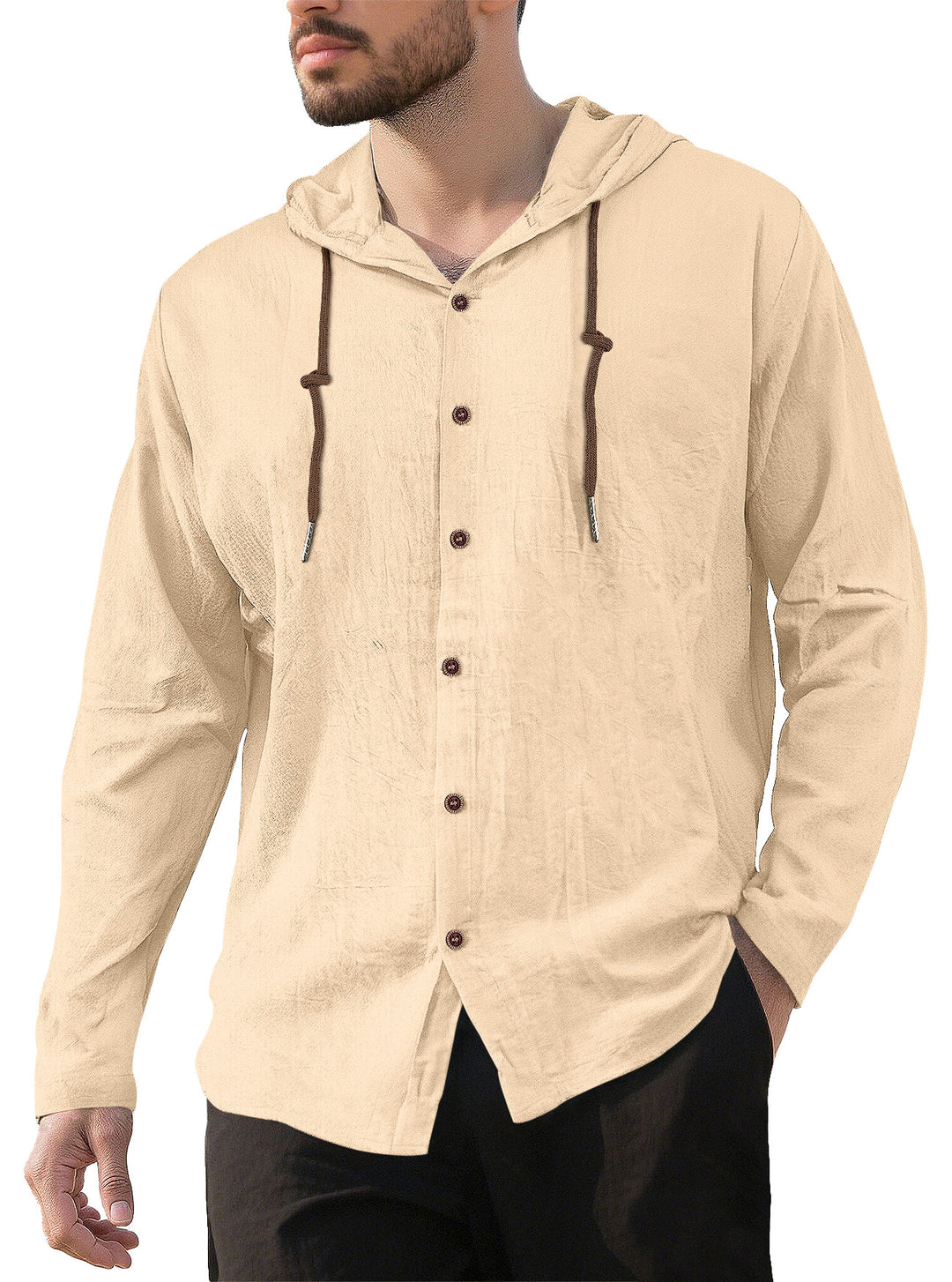 Herren nan Kapuzenhemd im Leinen-Look mit durchgehender Knopfleiste und Kordelzug EB