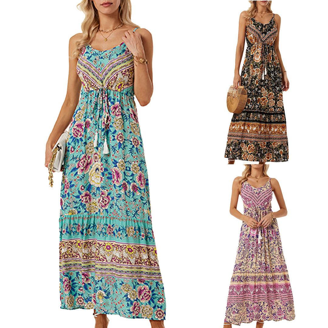 Damen Langes Sommerkleid mit buntem Blumenmuster und taillierbarem Bandeau EB