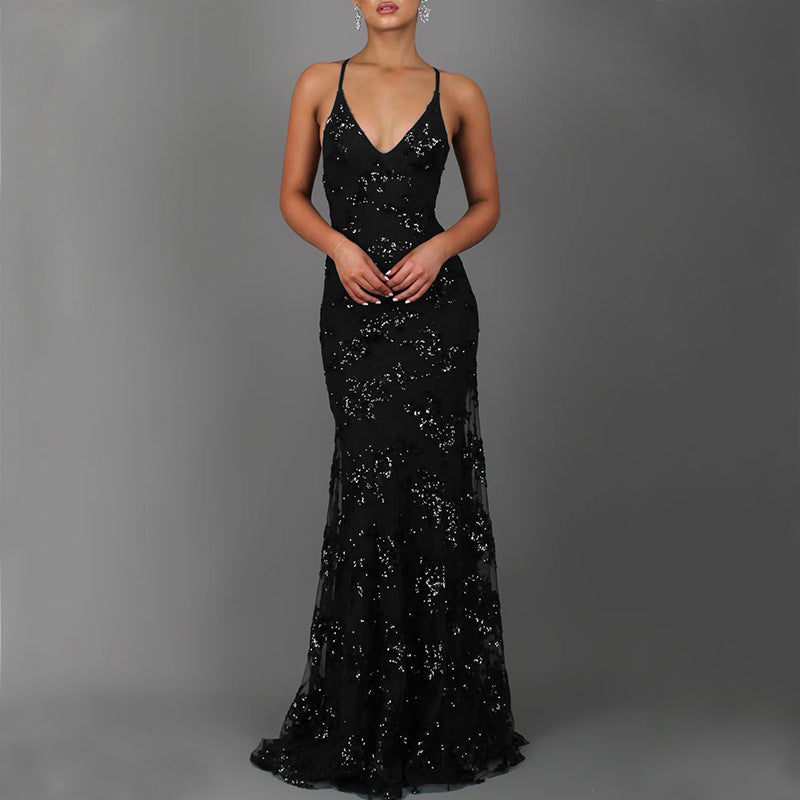 Damen Glamouröses langes Abendkleid mit Pailletten und tiefem V-Ausschnitt EB