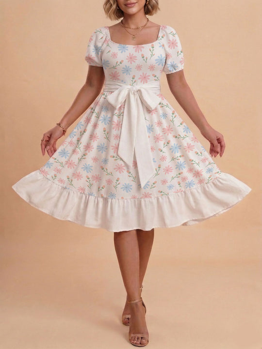 Damen Verspieltes Maxikleid mit Bärenmuster und taillierbarem Band EB