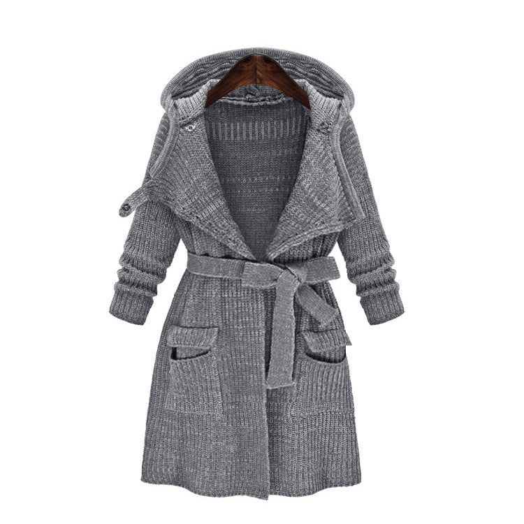 Damen Strickmantel mit Kapuze und praktischen Taschen EB
