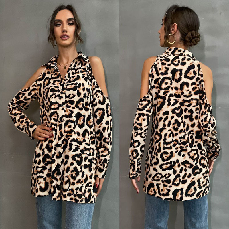 Damen Bluse mit offenen Schultern und Leopardenmuster EB