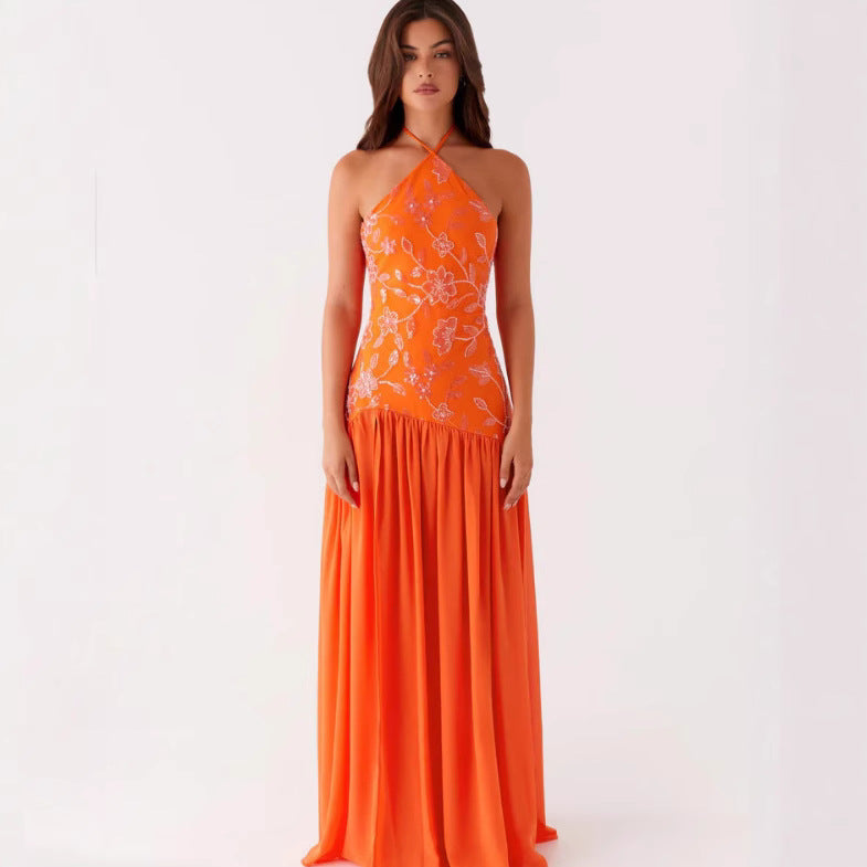 Damen Elegantes Maxikleid mit floralem Print und schwingendem Rock EB