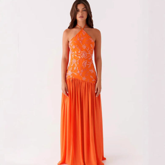 Damen Elegantes Maxikleid mit floralem Print und schwingendem Rock EB