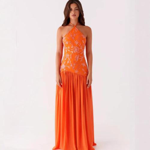 Damen Elegantes Maxikleid mit floralem Print und schwingendem Rock EB