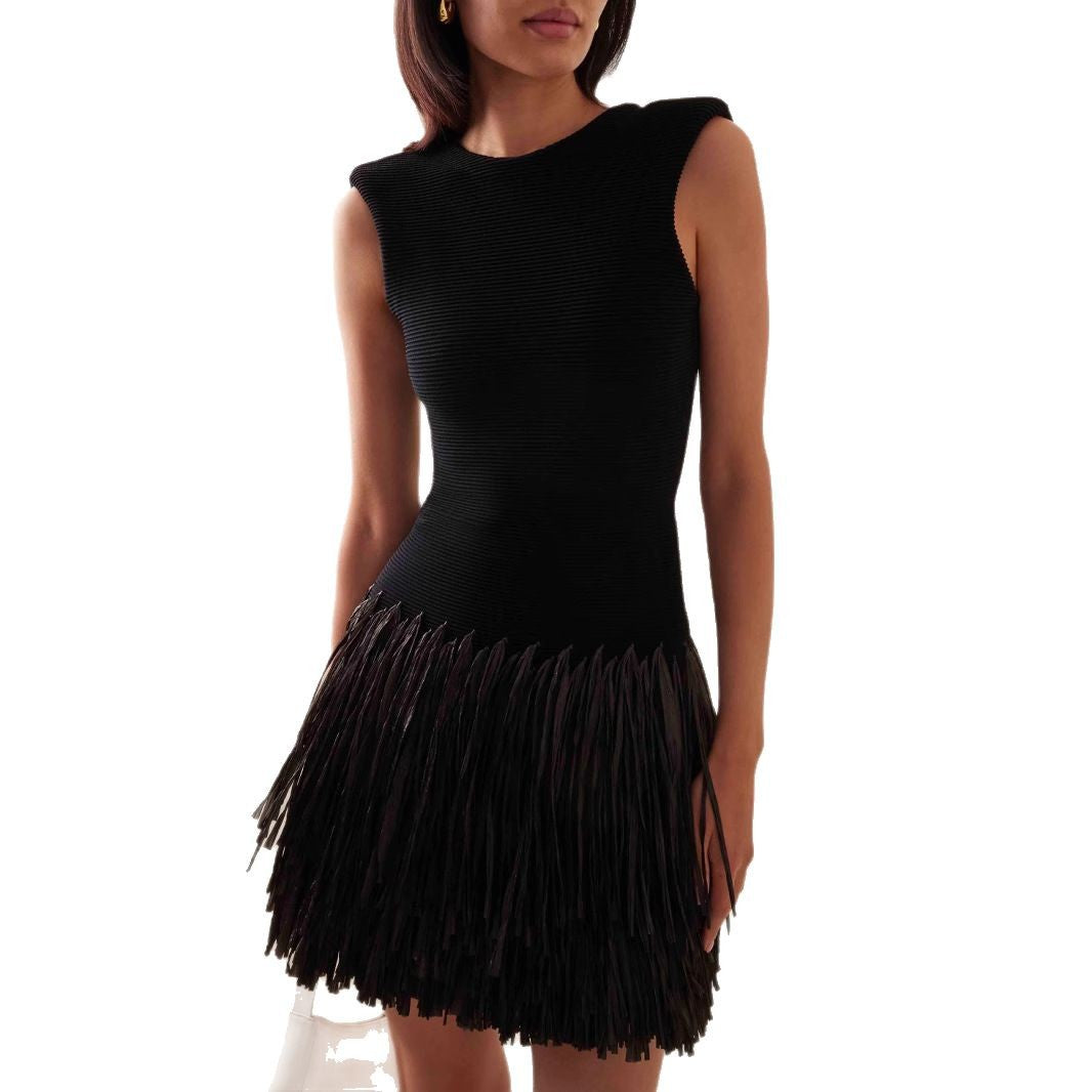 Damen Figurbetontes Mini-Kleid mit Fransen und Rundhalsausschnitt EB