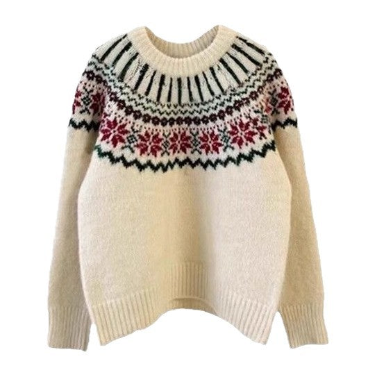 Damen Strickpullover mit festlichem Norweger-Motiv und weitem Schnitt EB