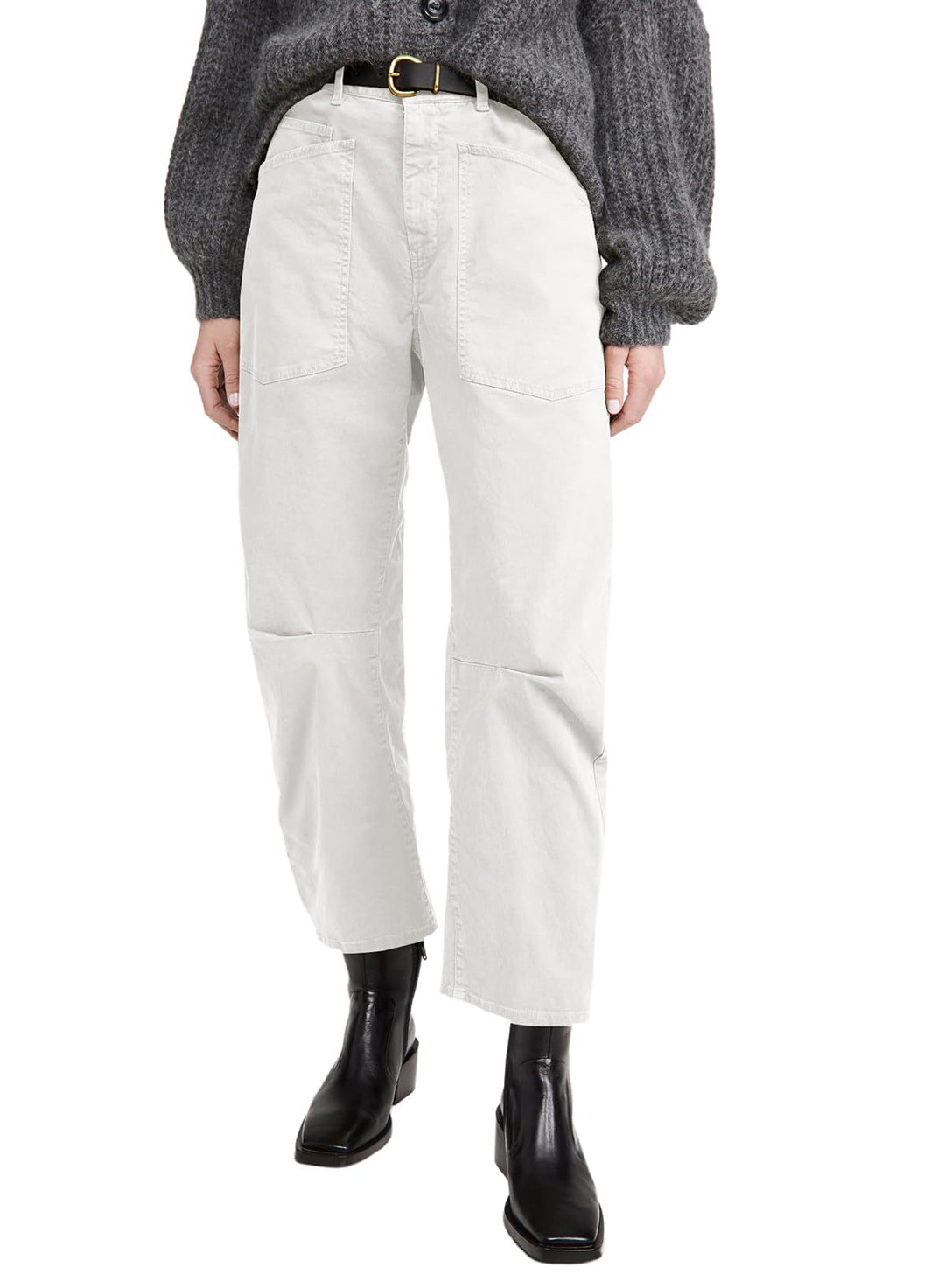 Damen nan lässige Canvas-Hose mit hohem Bund, weitem Bein und aufgesetzten Taschen EB