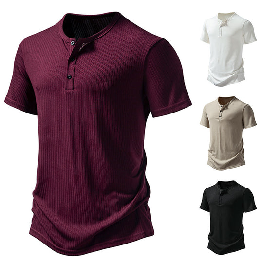 Herren stylisches Kurzarm-Henley-Shirt mit strukturiertem Design und zwei Knopf-Details EB