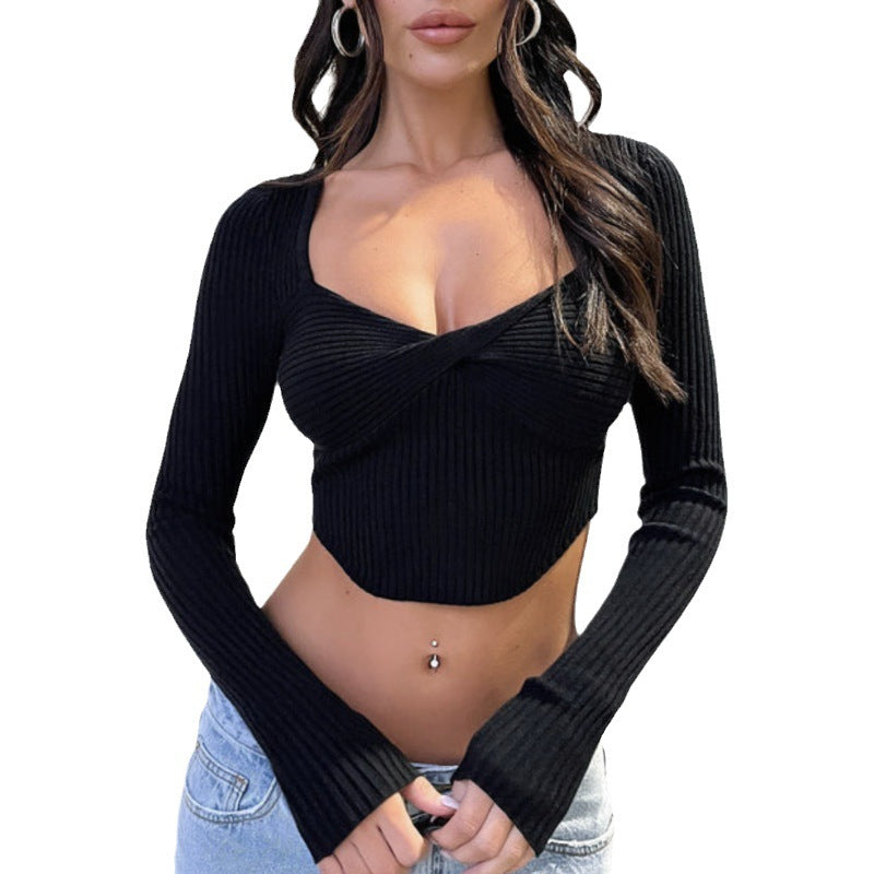 Damen Cropped Pullover mit schmalem Schnitt und Wickeldesign EB