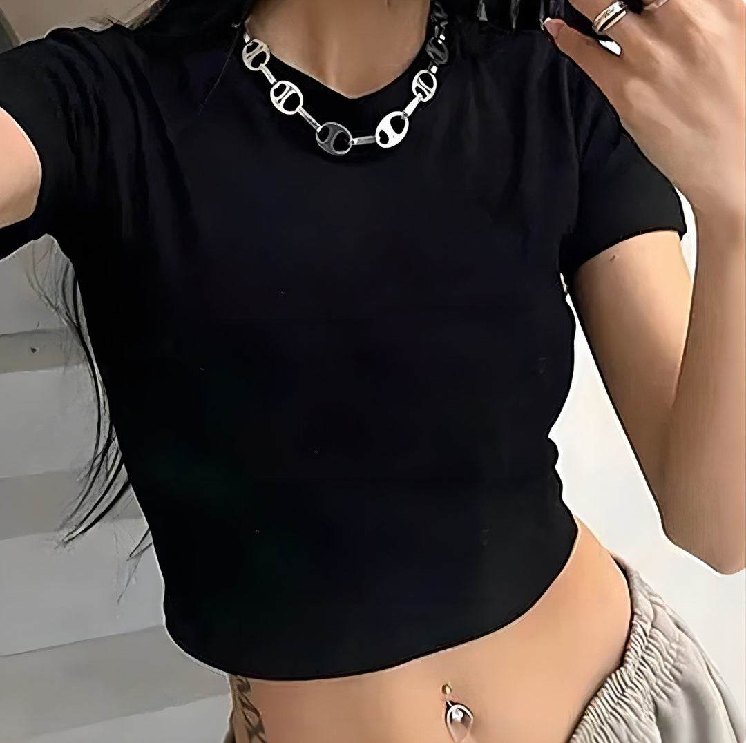 Damen figurbetontes Kurzarm-Shirt mit Rundhalsausschnitt EB