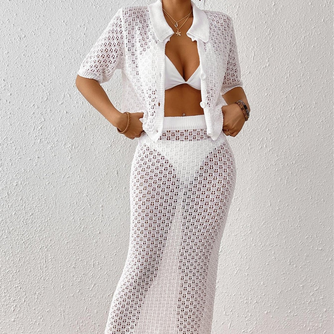 Damen luftiger Strick-Strandüberwurf mit eleganter Knopfleiste EB