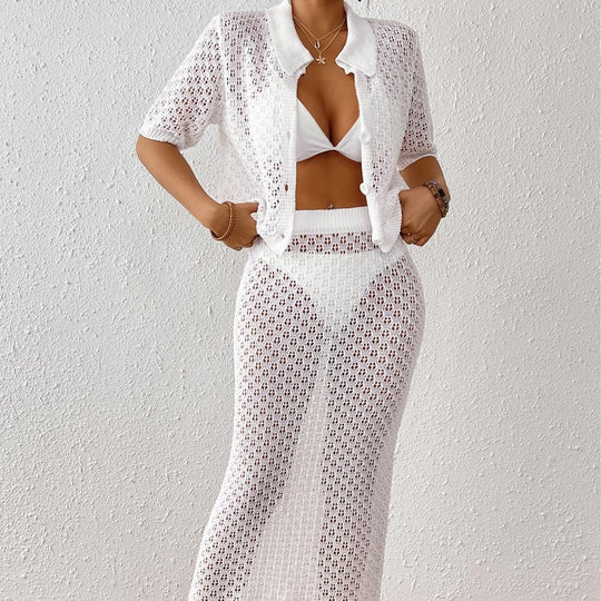 Damen luftiger Strick-Strandüberwurf mit eleganter Knopfleiste EB